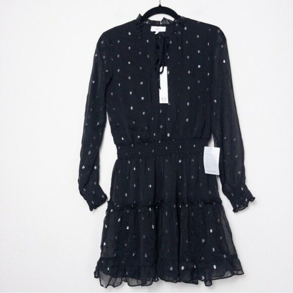 NWT NSR Emma Long Sleeve Ruffle Trim Smocked Mini Dress S Black Clip Dot - Picture 3 of 8